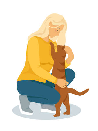 A cute young girl hugs and strokes her cat. Illustration without background. Colorful vector illustration in flat cartoon style.のイラスト素材