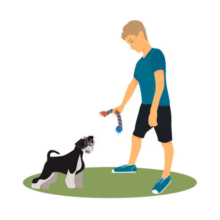 The guy is playing with his miniature schnauzer. Vector flat style illustration for animal shelter or dog walking site or promotional material.のイラスト素材