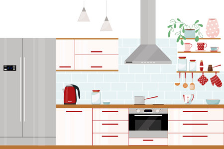Vector illustration of a beautiful kitchen interior. Flat illustration. Modern stylish kitchen with a double fridge, oven, extractor hood, kitchen utensils.のイラスト素材