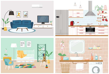 Set of vector interiors with furniture and equipment. Design of a living room, kitchen, bathroom, nursery. Flat interior concept.のイラスト素材