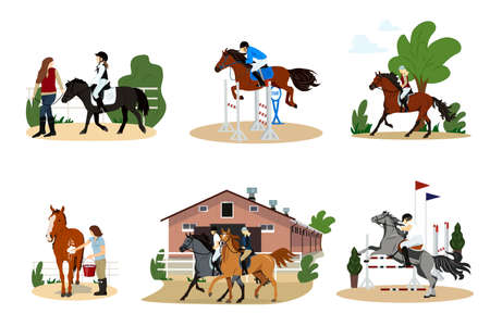 Gathering of people on horseback. A group of cute men, women and children practicing horse riding or equestrian sports, taking care of their pets. Flat cartoon colorful vector illustration.のイラスト素材