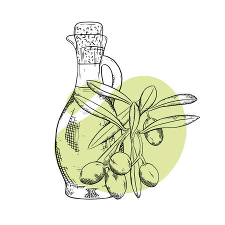 Olive sprig branch hand drawn sketch. Bottle, decanter with olive oil. Engraving style vector illustration. Can be used for menus, brochures, banners, labelsのイラスト素材