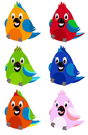 Set of cute stickers for children. Cartoon parrots stickers emoticons. Vector illustration.のイラスト素材