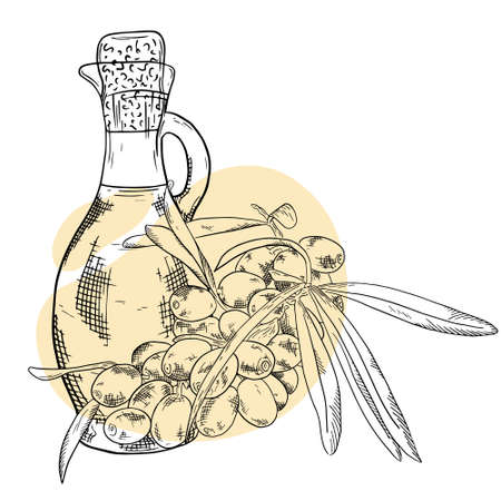 Sprig sea buckthorn hand drawn sketch. Bottle with sea buckthorn essential oil. Cosmetic, perfumery and medical plant. Vector illustration. Can be used for cosmetics, brochures, banners, labels.のイラスト素材