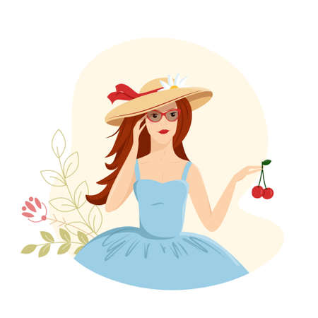 A young beautiful girl, woman on vacation holds cherries in her hands. Cute summer vector illustration decorated with leaves and flowers.のイラスト素材