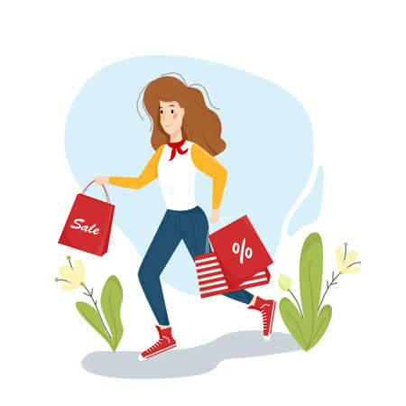 Young beautiful girl in a hurry to go shopping. Happy woman is shopping. Vector illustration of sales in flat style.のイラスト素材