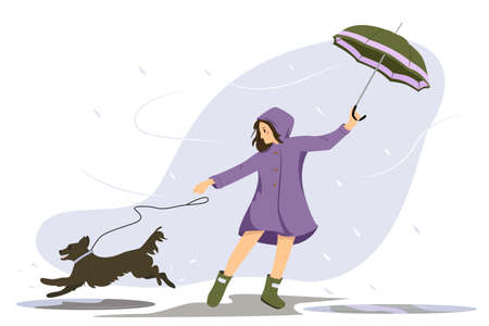 Walking dog in bad rain weather flat composition with woman in raincoat with umbrella and dog vector illustrationのイラスト素材