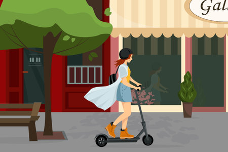 Young female character with backpack ride modern urban transport electric kick scooter. Active hipster adult millennial uses lifestyle ecology technologies. Vector illustration on cityscapeのイラスト素材