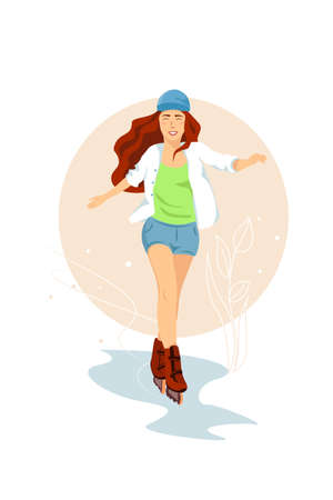 Beautiful girl riding on roller skates. Vector illustration on white background. Sports concept. Skaterのイラスト素材