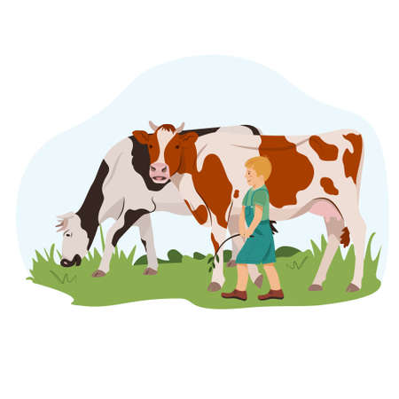 A farmer boy grazes the cows. Happy guy walks on a green lawn with cows. Cute vector illustration in flat styleのイラスト素材