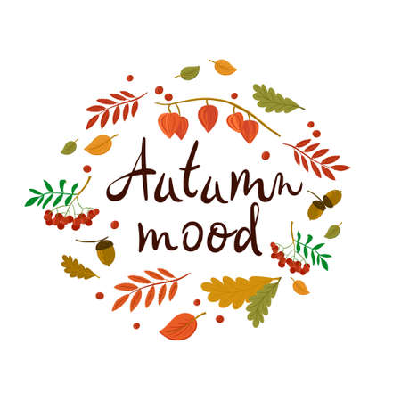 Vector hand drawn lettering of autumn mood with leaves, rowan, acorns for print, decor, textiles. Welcome to the autumn banner.のイラスト素材