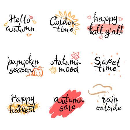 Big lettering set of autumn quotes with decorative elements isolated on white background. Hello autumn, pumpkin season, autumn sale, happy harvest, autumn mood, happy fall yall. Vector illustrationのイラスト素材