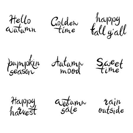 Fall calligraphy set. Big set of autumn quotes isolated on white background. Hello autumn, pumpkin season, autumn sale, happy harvest, autumn mood, happy fall yall. Vector illustrationのイラスト素材