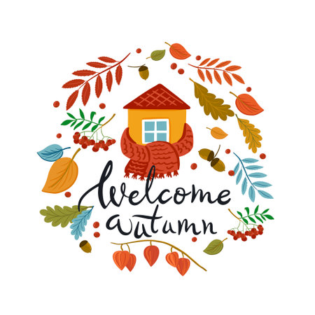 Vector hand drawn lettering Welcome autumn with house, scarf, leaves, rowan, acorns for print, decor, textiles. Welcome to the autumn banner.のイラスト素材