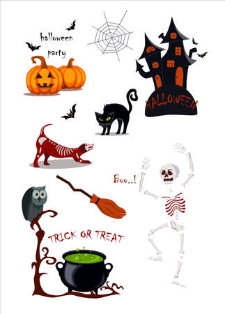 Halloween Design Elements Set. Lettering and Hand Drawn Cartoon Doodles. Templates for Posters, Party Invitations, Stickers, Gift Cards. Cute Vector Illustrationのイラスト素材