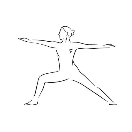 Stylized human in yoga warrior pose, virabhadrasana . Vector illustration of lineart style. Yoga pose flat line icon, simple sign of woman in easy pose Handdrawn illustrationのイラスト素材