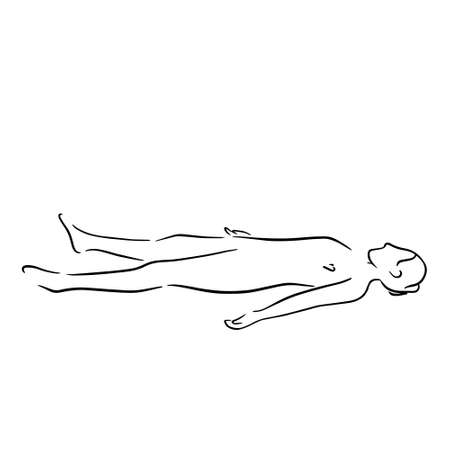 Stylized man in yoga corpse pose, shavasana. Vector lineart style illustration. Yoga pose flat line icon, simple sign of woman in easy pose hand drawn illustrationのイラスト素材