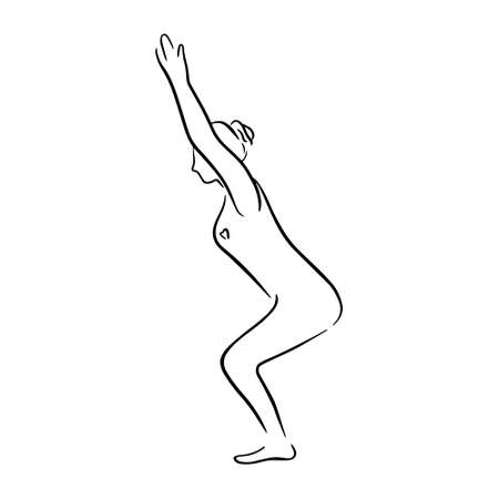 Stylized woman in yoga chair pose, utkatasana. Vector line art style illustration. Vector asana for vishuddha chakra, design elements for yoga and meditation schoolのイラスト素材