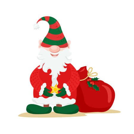 Cute christmas character. Christmas elf, gnome dressed with a sack of New Years gifts. Vector illustration in a flat style.のイラスト素材