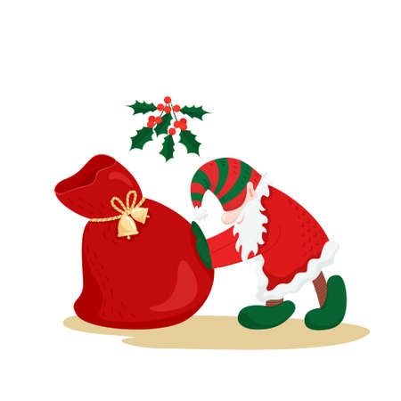 Cute Christmas character. Christmas elf, gnome, dressed in a Santa Claus costume with a sack of New Years gifts, decorated with bells and a sprig of holly. Vector illustration in a flat style.のイラスト素材