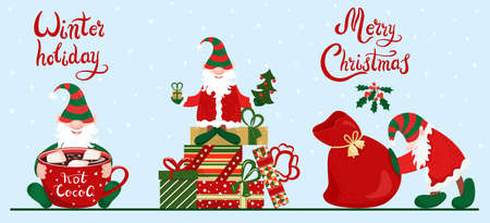Cute Christmas gnomes characters with New Years gifts and cup of hot cocoa. Vector illustration in cartoon flat style. Handdrawn lettering Merry Christmas, Winter holidayのイラスト素材
