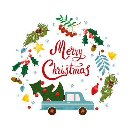 Vector hand drawn lettering Merry Christmas decorated car with Christmas tree, mistletoe, branches of pine cones decorations snowflakes for printing decor textiles Welcome to winter holiday bannerのイラスト素材