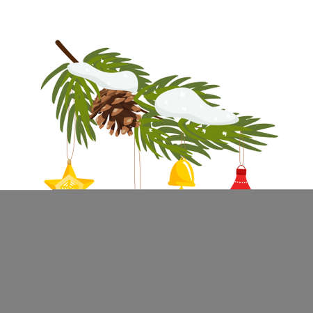 Branches of a Christmas tree with cones and New Years bells. Elements for design. Vector illustration in flat style. Suitable for posters, banners, cards, invitations.のイラスト素材