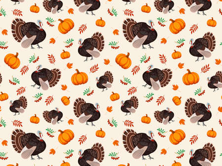 Turkey bird, pumpkin, leaves and berries vector seamless pattern for Thanksgiving holiday. Cartoon background for wallpaper, packaging, wrapping and background.のイラスト素材