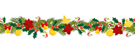 Seamless Christmas border of mistletoe, Christmas star flower, fir tree with bell and Christmas decorations, candy cane. Pattern suitable for posters, banners, cards, invitationsのイラスト素材