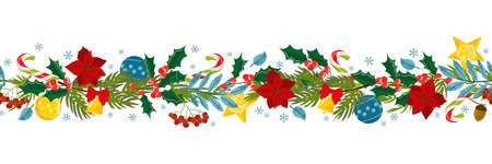 Seamless Christmas border of mistletoe, Christmas star flower, fir tree with bell and Christmas decorations, candy cane. Pattern suitable for posters, banners, cards, invitationsのイラスト素材