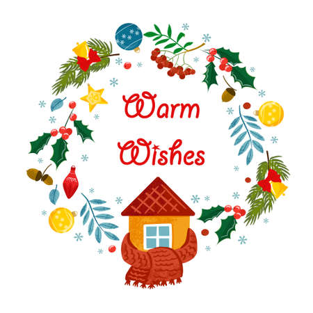 Vector hand drawn Christmas illustration decorated with house, mistletoe, branches of pine, decorations, snowflakes for printing decor, posters, banners, cards, invitations. Warm wishesのイラスト素材