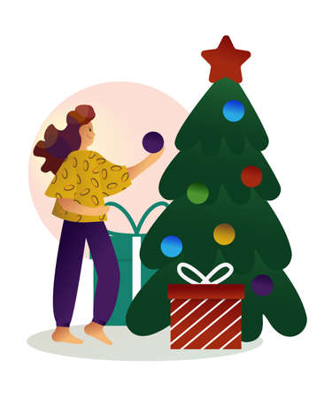 Cute vector illustration for the New Year holidays. The girl decorates the Christmas tree, hangs a bright ball. There are gifts under the tree.のイラスト素材
