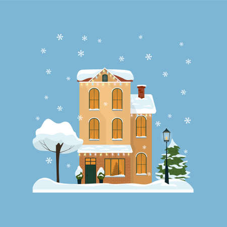 Decorated buildings for 2022 new year and christmas. Building with tree and fir tree at yard, construction facade with lanterns for xmas. Holiday and celebration,winter architectureのイラスト素材