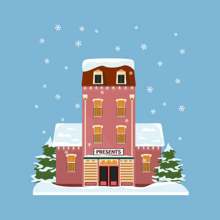 Decorated buildings for 2022 new year and christmas. Building with tree and fir tree at yard, construction facade with lanterns for xmas. Holiday and celebration,winter architectureのイラスト素材