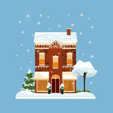 Decorated buildings for 2022 new year and christmas. Building with tree and fir tree at yard, construction facade with lanterns for xmas. Holiday and celebration,winter architectureのイラスト素材