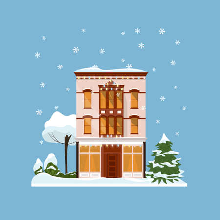 Decorated buildings for 2022 new year and christmas. Building with tree and fir tree at yard, construction facade with lanterns for xmas. Holiday and celebration,winter architectureのイラスト素材
