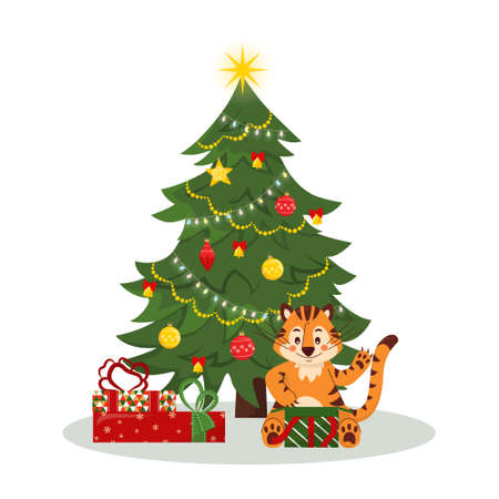 Decorated Christmas tree with a tiger cub opening gift boxes, lights, ornaments, balls and garlands. Merry Christmas and Happy New Year. Flat style vector illustration.のイラスト素材