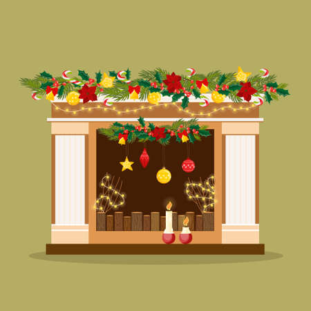 Cozy decorative Christmas fireplace with garlands and candles. Flat style vector illustration. New Year and Merry Christmasのイラスト素材