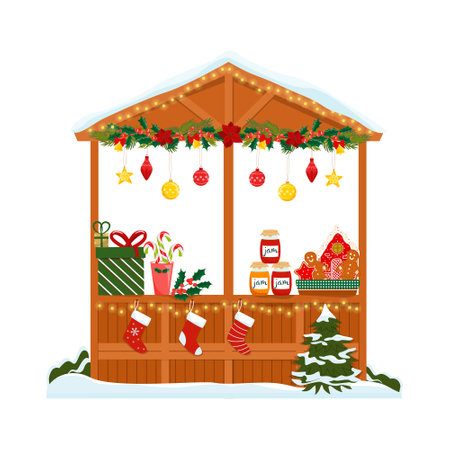 Christmas market with food and hot drinks. Christmas gift shop with garlands, souvenirs. Christmas wooden souvenir kiosk vector illustration.のイラスト素材