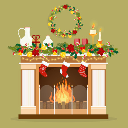 Cozy decorative New Years fireplace with a wreath, garlands and candles. Flat style vector illustration. Happy New Year and Merry Christmasのイラスト素材