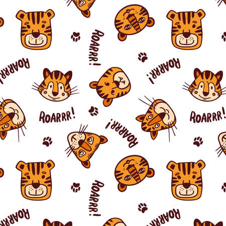 Funny character doodle tiger. Seamless color pattern with hand drawn lettering. New year symbol of 2022のイラスト素材