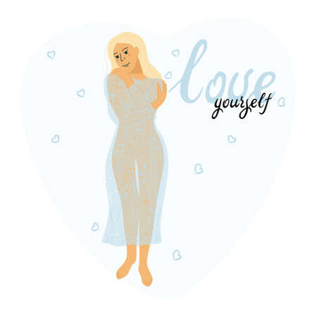 Love yourself. Love your body concept. Take time for your self. Vector illustration. Woman hugging herself with hearts on white background. Pastel blue cute soft colorsのイラスト素材