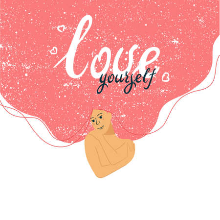 Love yourself card. Love your body concept. Take time for your self. Vector illustration. Woman hugging herself with hearts. Pastel pink cute soft colorsのイラスト素材