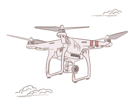 Hand draw vector illustration remote control aerial vehicle, quadrocopter. Air drone hovering. Drone flying sketch.のイラスト素材