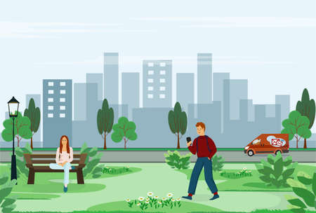 Cute vector illustration. A young girl sits in an arch on a bench. The guy walks through the park talking on the phone. It can be used for a website, landing page, banner and more.のイラスト素材