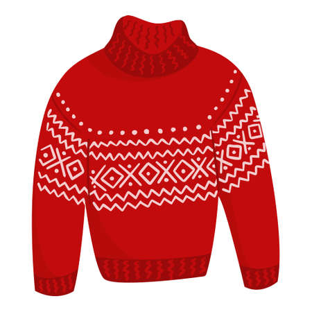 Flat vector cartoon illustration of a cozy warm red sweater with a New Year's pattern. Christmas knitted warm clothes on a white background.のイラスト素材