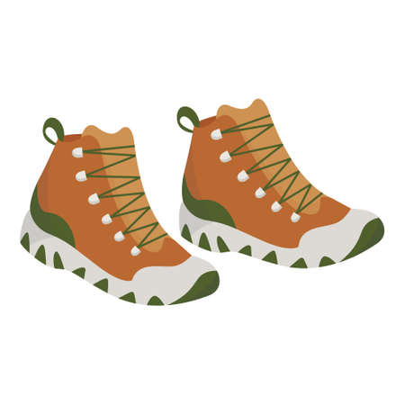 Colorful tourist boots in flat style. Brown camp and hike shoes. Vector isolated illustration on a...