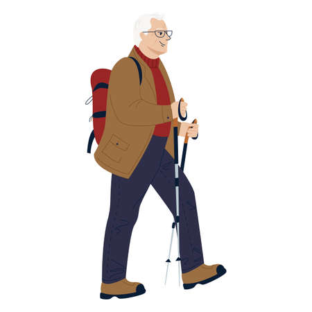 Old active man traveling with backpacks on holidays. Happy elderly man walking with nordic walking sticks, hiking. Colored flat vector illustration of traveler isolated on white background.のイラスト素材