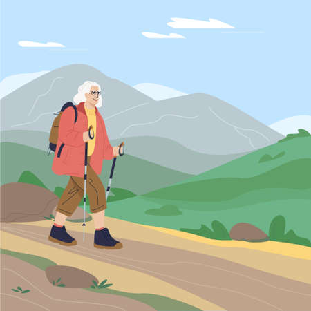 Old active woman traveling with backpacks on holidays. Happy elderly woman walking with nordic walking sticks, hiking. Colored flat vector illustration of traveler isolated on white background.のイラスト素材