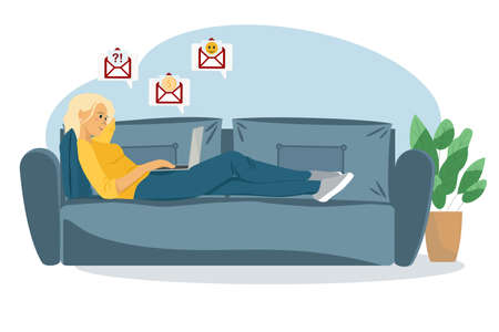 Flat vector illustration. Young woman sits on a blue couch and works at home with a laptop checking mail. Cozy modern living room with sofa, indoor plants. Woman indoors at remote workのイラスト素材